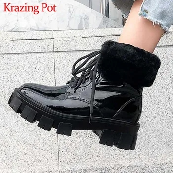 

Krazing Pot thick bottom cow leather lambswool boots lace up round toe high heels solid winter keep warm women ankle boots L27
