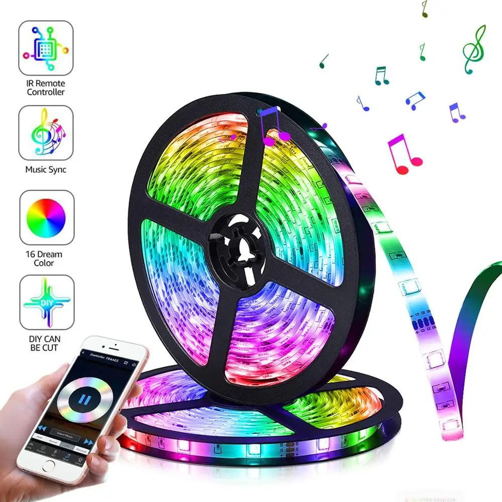 

New DC 12V 5M Bluetooth LED Strip Light RGB SMD 5050 Music Sync Flexible Ribbon Bluetooth control Color Changing Smart LED Light