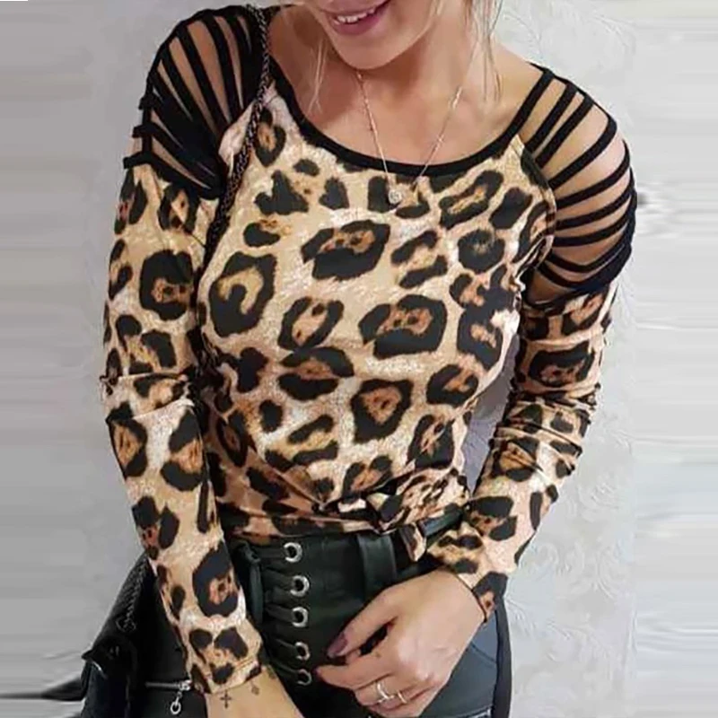 Летняя Сексуальная женская черная футболка с леопардовым принтом, футболка с вырезами и длинным рукавом, Повседневная летняя Однотонная футболка с круглым вырезом