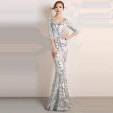 Вечернее платье с глубоким v-образным вырезом, рукав до локтя, элегантное вечернее платье с блестками, длина до пола, вечернее платье F250-1