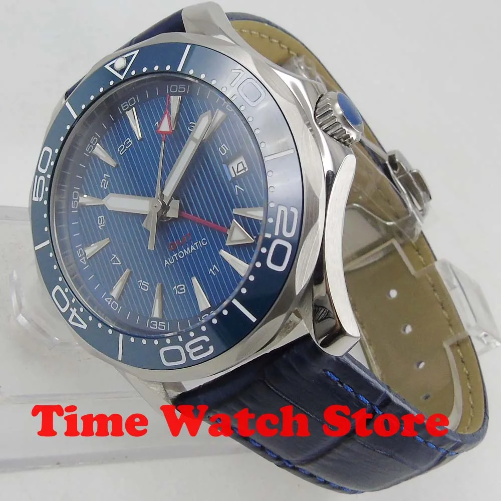 New 41mm Bliger GMT Automatic watch men luxury 3ATM waterproof blue dial leather strap ceramic Bezel luminous sapphire 831