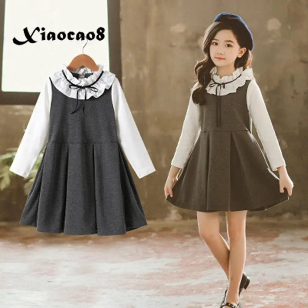 От 5 до 16 лет осеннее платье для девочек детская хлопковая белая блузка платья принцессы для девочек, платье-майка из двух предметов Весенняя детская одежда