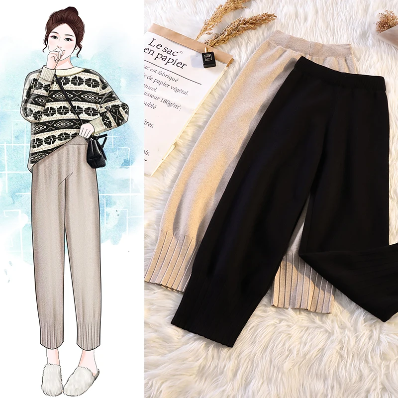 Women Knit Pants Warm Loose Harem Pants Autumn Winter Thick Knitted Trousers Elastic Waist Plus Size Pants