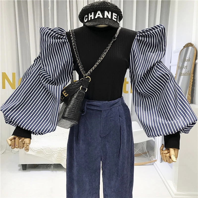 

2019 Autumn Blouse Shirt Women New Design Striped Long-Sleeve Patch Knitting Blouse Woman Casual T Tops Femme Pull
