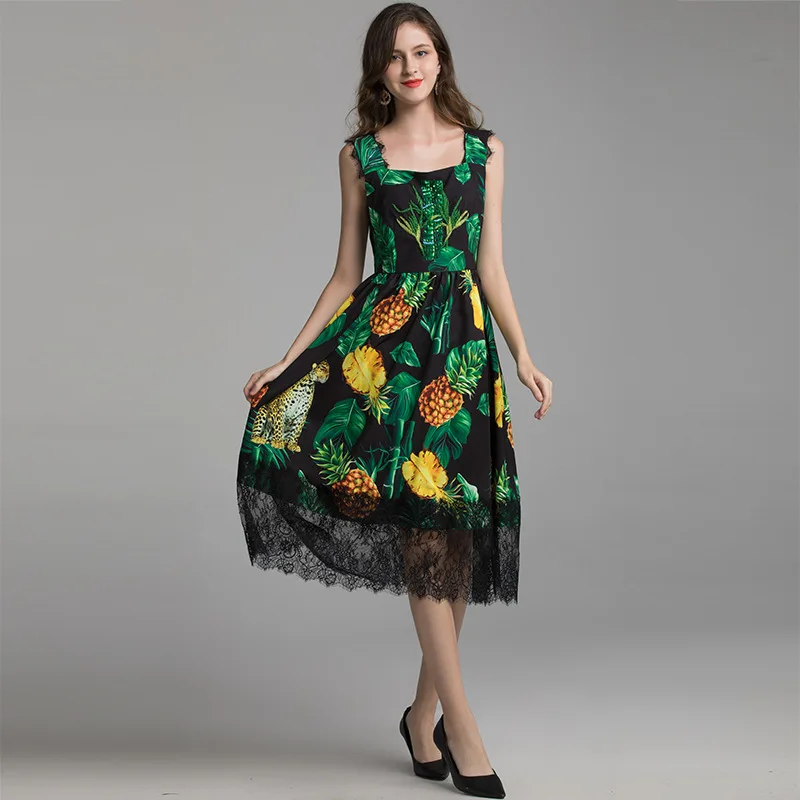 

HUAYIMENGYI Elegant Sleeveless Wide Sling Print Dress Square Neck Splicing Lace Hem Medium Length Dresses For Women Party Summer