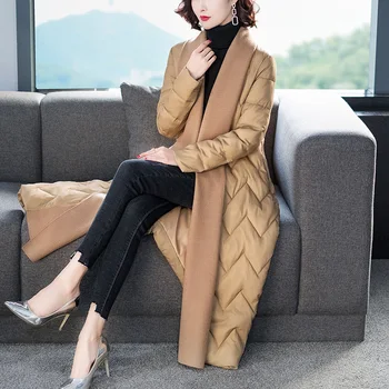 

Women Down Coat Long Jacket Belt Parkas 2020 New Winter Slim Coat Female Overcoat Fashion Solid color Black Coat WM126