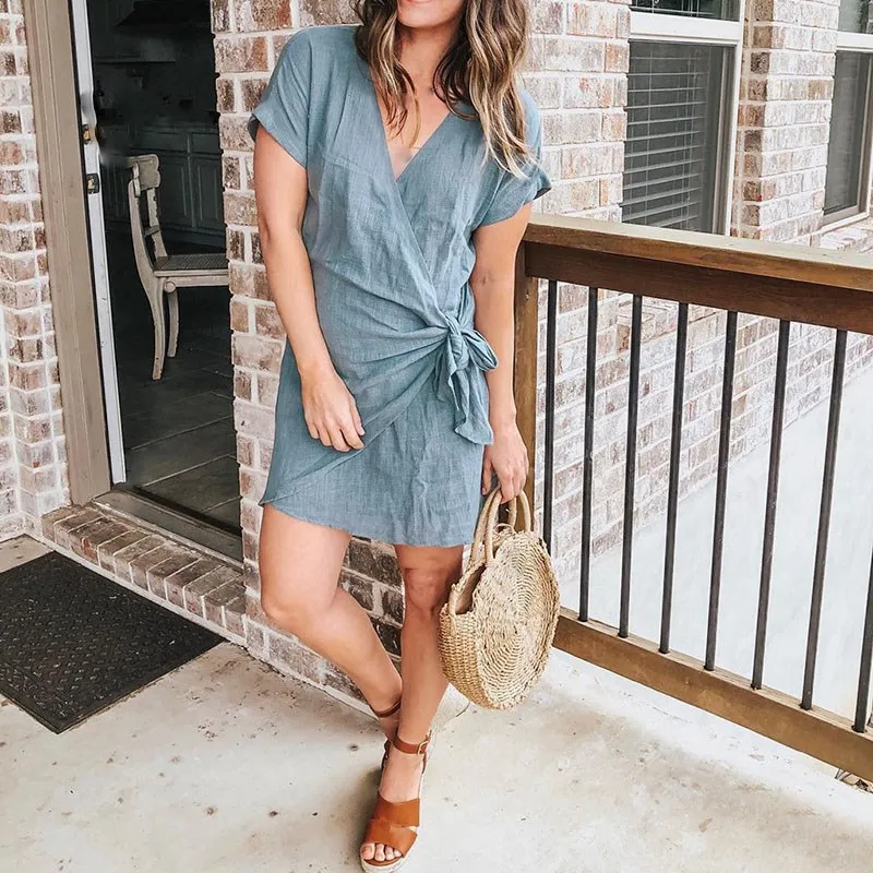 

Nice Summer Women Sexy Bech Dress V-Neck Irregular Casual Dress Office Lady Solid Vacation Mini Dress