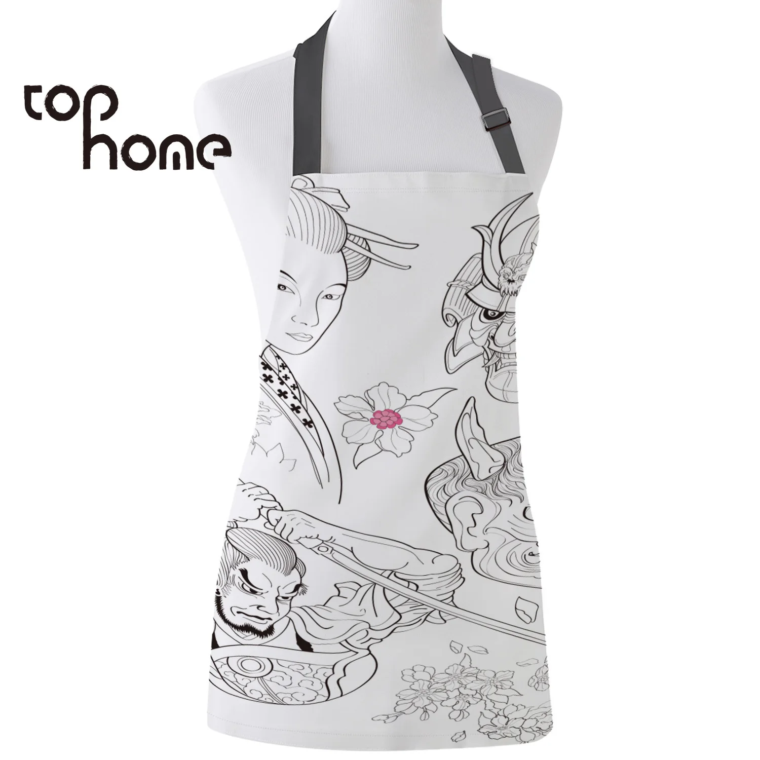 Tophome Kitchen Apron Japanese Samurai Printed Adjustable Sleeveless