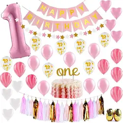 Globos de confeti rosa de 39 piezas con pancarta de cumpleaños para decoración de fiesta de primer cumpleaños