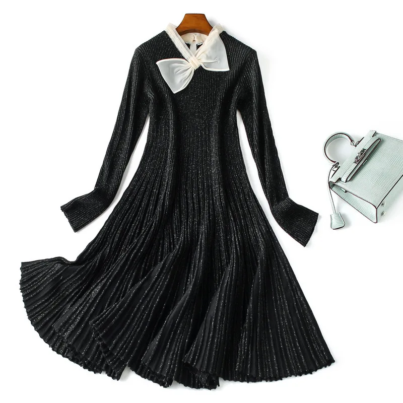 

New 2019 autumn winter fashion womens cute bow collar loose dress long sleeve pleated knit sweater dresses black beige