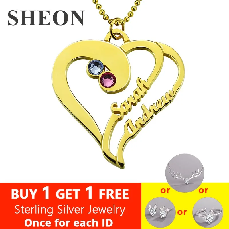 

SHEON Authentic 925 Sterling Silver Birthstone Heart Necklace with Names for Lover Personalized Silver Jewelry Girlfriend Gift