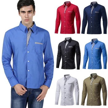 

Helisopus Fashion Casual Men Shirt Long Sleeve Polyester Loose Turn-down Collar Shirts Patchwork Single Breasted Pockets Tops
