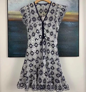 

2020 Spring and Summer New Vintage style V-neck lace Hollow out embroidery women Slim Dress