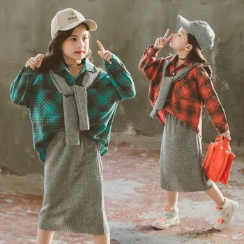 

Girls Clothing Sets Autumn Costumes For Kids Outfits Teen Girls Plaid Shirt Shawl Skirt 3pcs Set 8 10 12 Years Children Clothes
