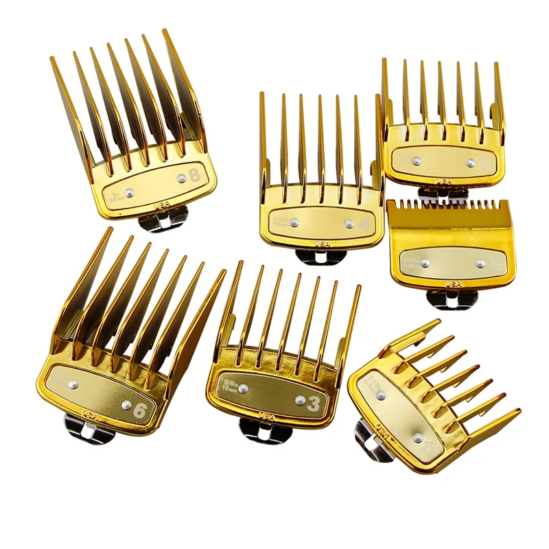 Gold-8pc set Mythus Металлическая машинка для стрижки волос, набор расчесок, Парикмахерская Машинка для стрижки волос, ограниченная расческа, насадка для стрижки, универсальная машинка для стрижки волос, защита в золотом цвете - Цвет: Gold-8pc set