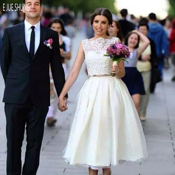 

E JUE SHUNG Two Pieces Short Wedding Dresses Square Collar Beaded Lace Zipper BackKnee-Length Bridal Gowns robe de mariee