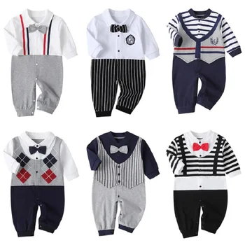 

Newborn Baby Boy Romper 2020 Spring Fall Long Sleeves Bowtie Style Baby Clothes Little Gentle Man Baby Jumpsuit
