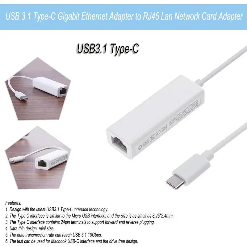 AAAE топ-Usb 3,1 type-C гигабитный Ethernet адаптер для Rj45 Lan сетевой адаптер