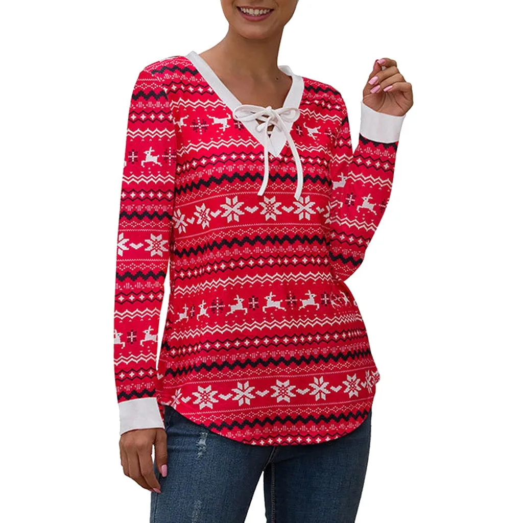 women blouses long sleeve red Women's Autumn V Neck Christmas Elk Print Sweater Casual Blouse Tops2022#4