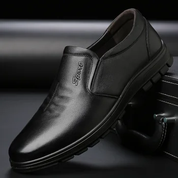 

LIMEIKE Men Slip On Leather Shoes Solid Color Business Flat Loafer Shoes Top Quality Men Formal Shoes