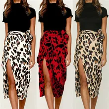 Сексуальная мода Леопардовый принт женские юбки ретро атласные расклешенные юбки высокая талия Сплит Империя повязка пояс пляжная праздничная одежда
