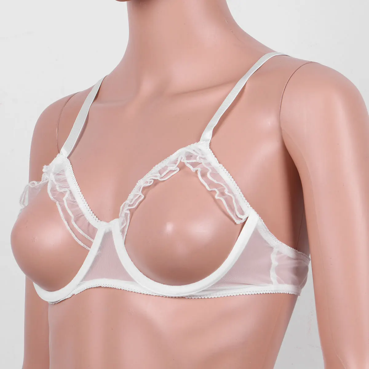 women bra erotic lingerie Womens Lingerie Spaghetti Straps Erotic Underwired Open Bras See Through Sheer Mesh Bralette Sexy Open Cup Ruffled Shelf Bra Top
