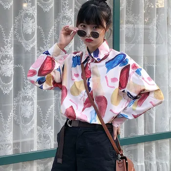 

Japanese Harajuku Shirts Women Printed Lapel Long Sleeve Vintage Blouse Ladies Fall Trendy Blouses Clothes