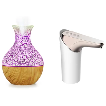 

1pcs Electric Humidifier Aroma Oil Diffuser Ultrasonic Wood Grain & 1pcs Automatic Electric Water Pump Button Dispenser