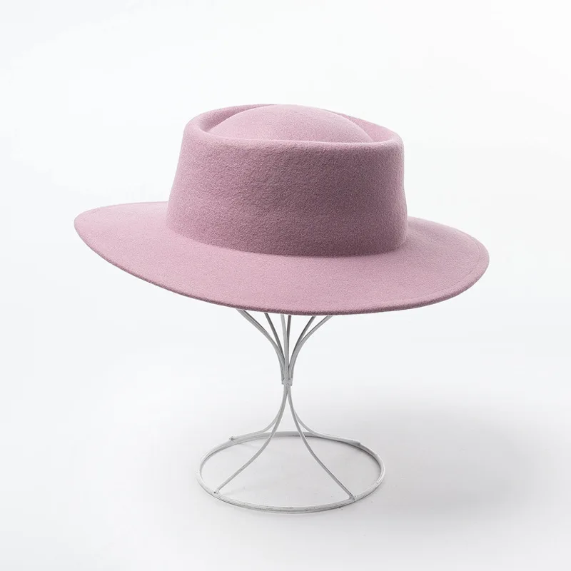 Осенне-зимняя новая шерстяная шляпа с плоским верхом, модные шерстяные шапки для женщин, мужская шляпа Федора, мягкая фетровая шляпа с широкими полями, фетровая шляпа - Цвет: Pink