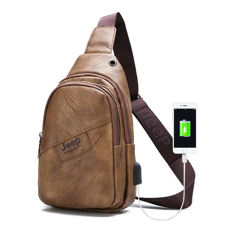 

Hot Sale Men's Chest Bag 2019 High Quality Men Leather Chest Pack USB Backbag with Headphone Hole Functional Travel Male Bag