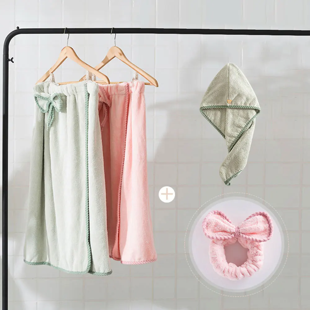 

3 Pcs Girl Bath Towel Sexy Wrap Nightgown Skirt Bra Bath Towel Dry Hair Cap Headband Set Coral Fleece women towel Quality S19