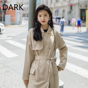 

[DARK] Over-the-knee Mid-length Windbreaker Women's Autumn 2020 New Korean Cotton British Khaki Casual Jacket