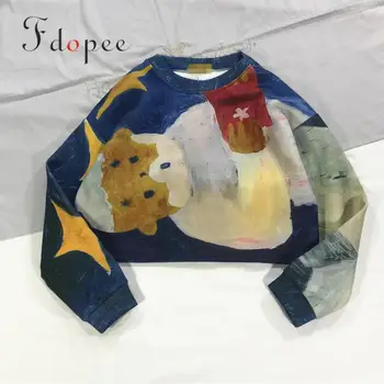 

2019 Oversized Hoodie Casual Old Grandfather Starry Oil Painting Batwing Sleeve Clothing Contrast Color Short Paragraph Pullover