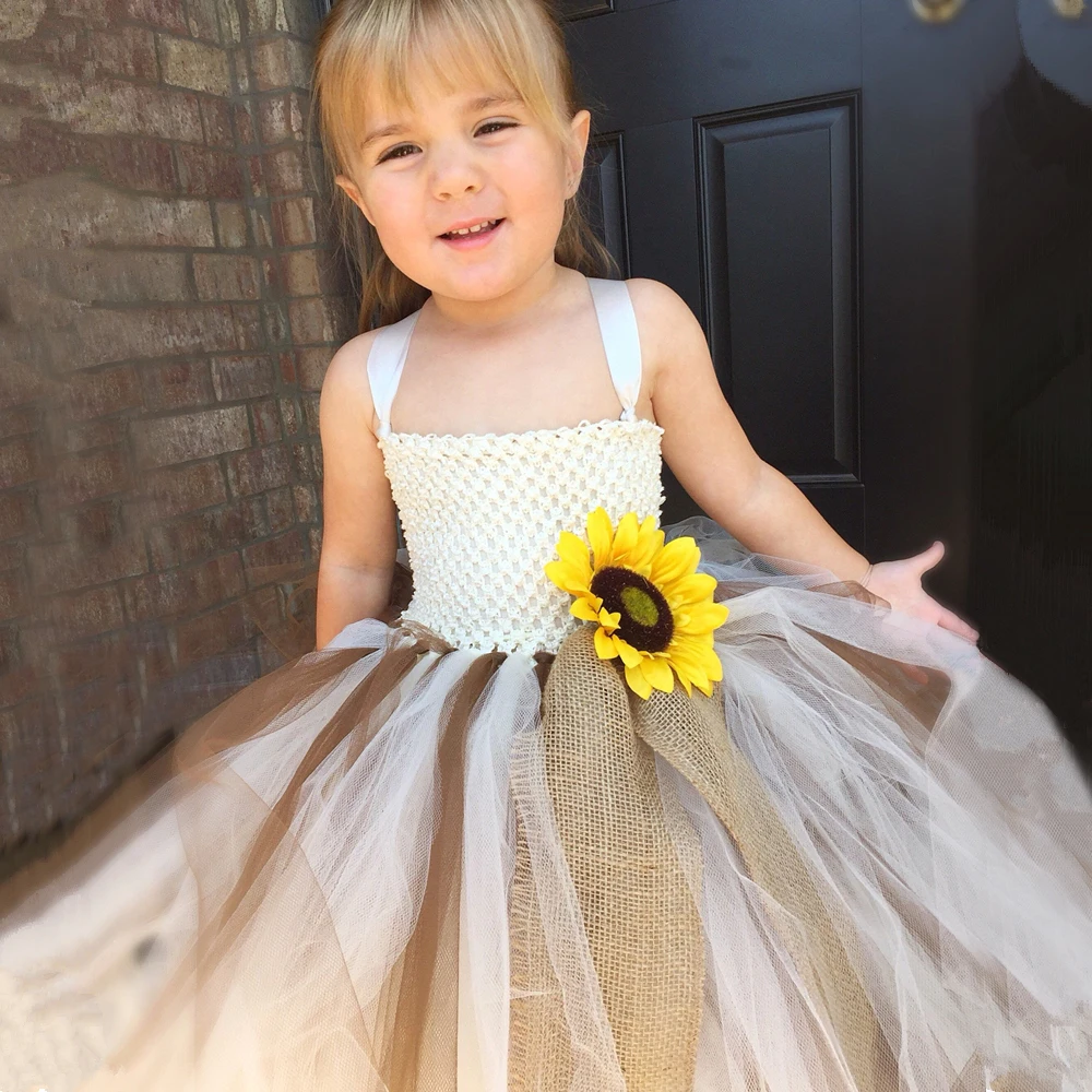 Платье пачка для девочек с изображением подсолнуха Цвет коричневый слоновой