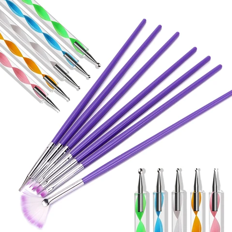 Art Tools Set 7 Purple Brushes and 5 Double Ends Dotting Pens Drawing Paint UV Gel Liner Polish for Nail Tips Designs
