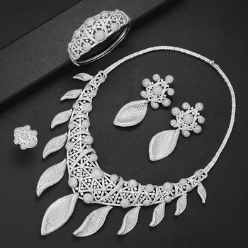 

LARRAURI Famous Brand Luxury Cubic Zirconia Necklace Dubai Dress Shinning Flower Leaf Women Wedding Naija Bridal Jewelry Set