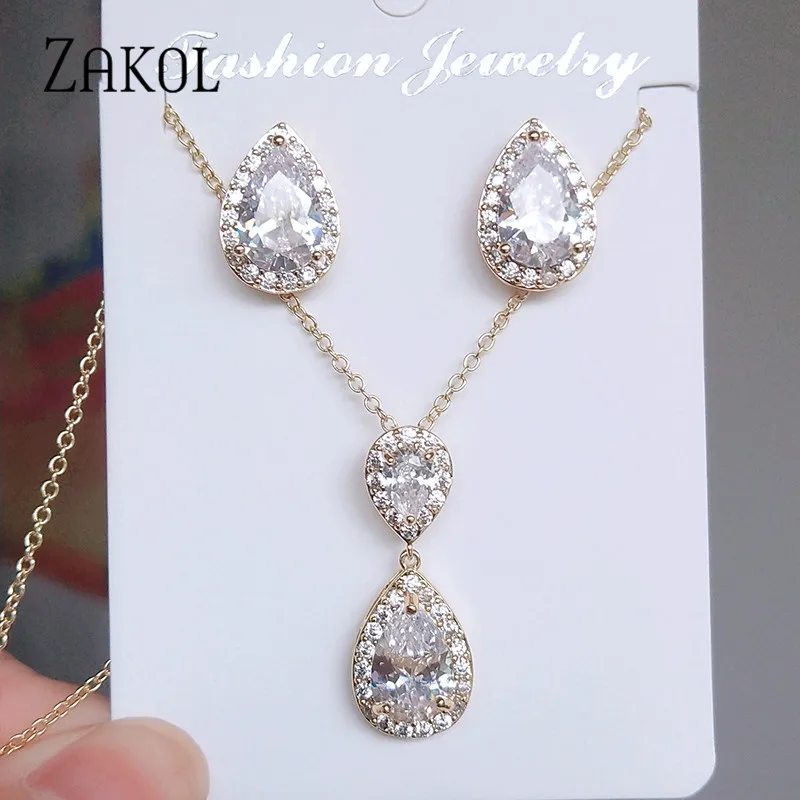 Gold Color ZAKOL элегантные высококачественные серьги в форме капли воды из кубического циркония, ожерелье, набор свадебных ювелирных изделий для женщин, подарки для свадебной вечеринки FSSP3036 - Окраска металла: Gold Color
