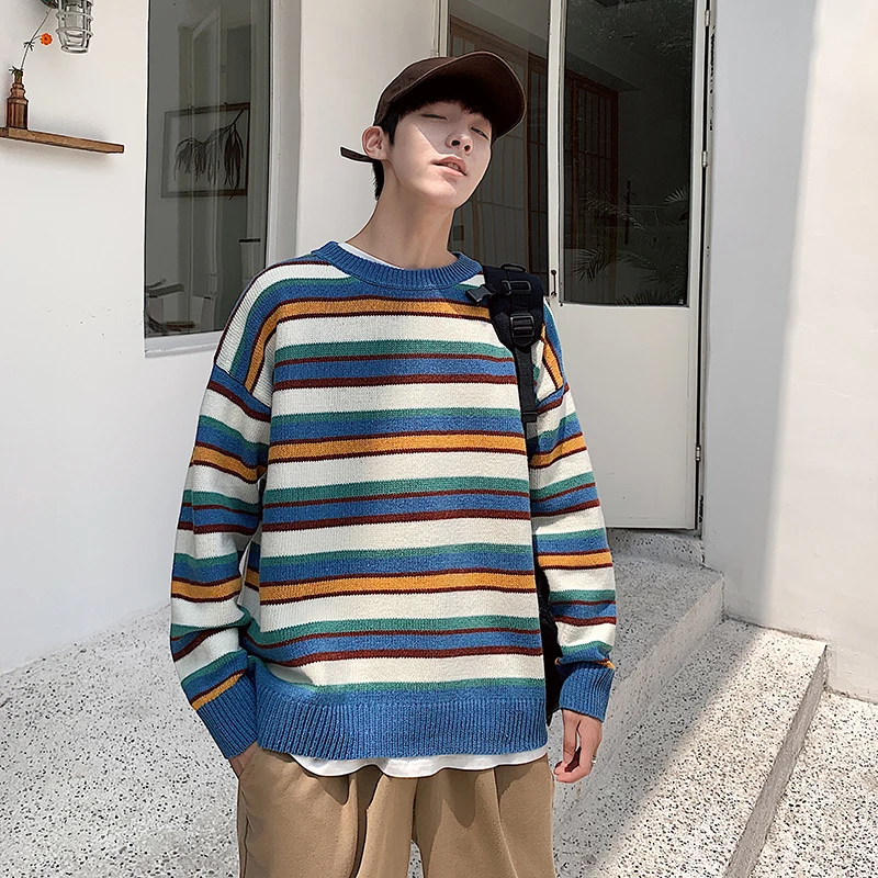 Winter Striped Sweater Men Warm Fashion Contrast Color Casual Knit Sweaters Man Sweter Clothes Loose Long-sleeved Pullover Men