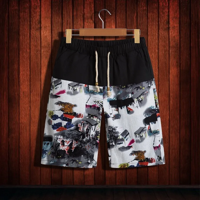 

2020 Men Printing Elastic Waist Drawstring Casual Shorts Cotton Linen High Quality Chinese Style Beach Short Pants Summer Loose