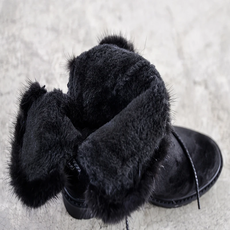 Women's Mid-Calf Boots Winter Leather Snow Boots Plush Warm Woman Shoes Low Heels Ladies Winter Boot Shoes Plus Size 43