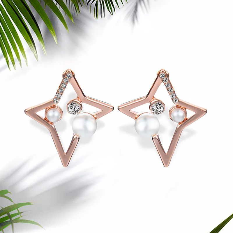 

NJ Trendy Cute Geometric Rose Gold Ladies Stud Earrings Small Pearl Hanging Dangle Earrings Designed For Women Wedding Earring
