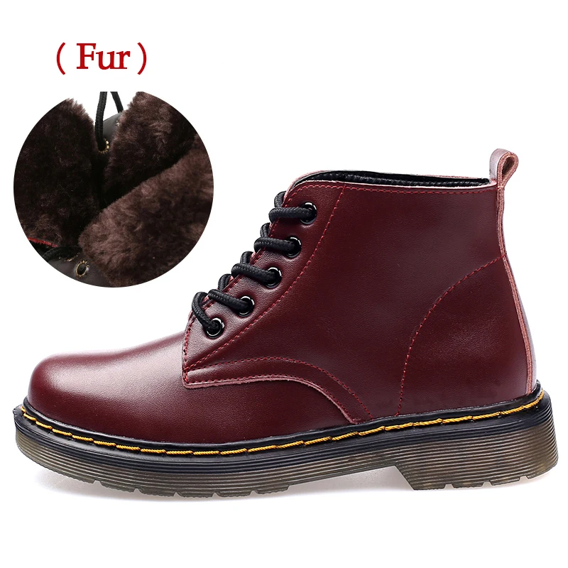 wine red fur Женские ботинки из натуральной кожи; большие размеры 44; зимние ботинки; ботильоны на меху; botas Mujer; ботинки на плоской платформе в стиле панк; Осенняя женская кожаная обувь - Цвет: wine red fur
