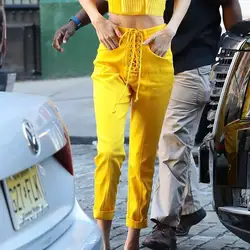 Повседневные джинсы с высокой талией женские брюки со шнуровкой осенние желтые узкие брюки