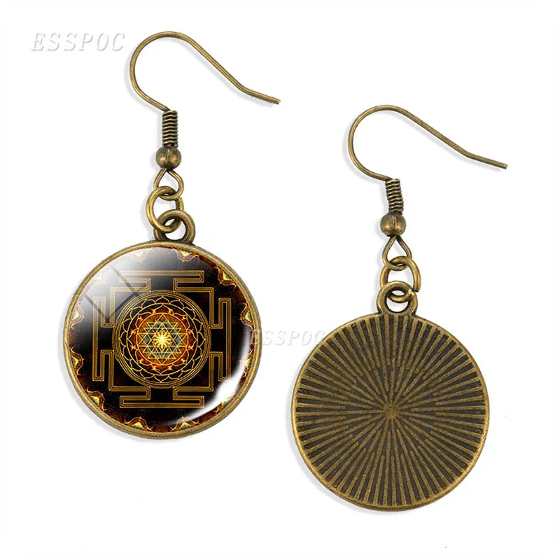 Мандала висячие серьги Древний цветок жизни стеклянный кабошон Sri Yantra подарки
