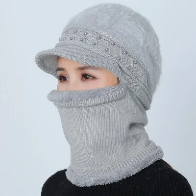 Зимние трикотажные изделия шарф женский Skullies вязаные шапочки зимние, шапки для женщин теплая маска Балаклава Толстая шерстяная Круглая Шапочка шляпа подарок матери - Цвет: gray