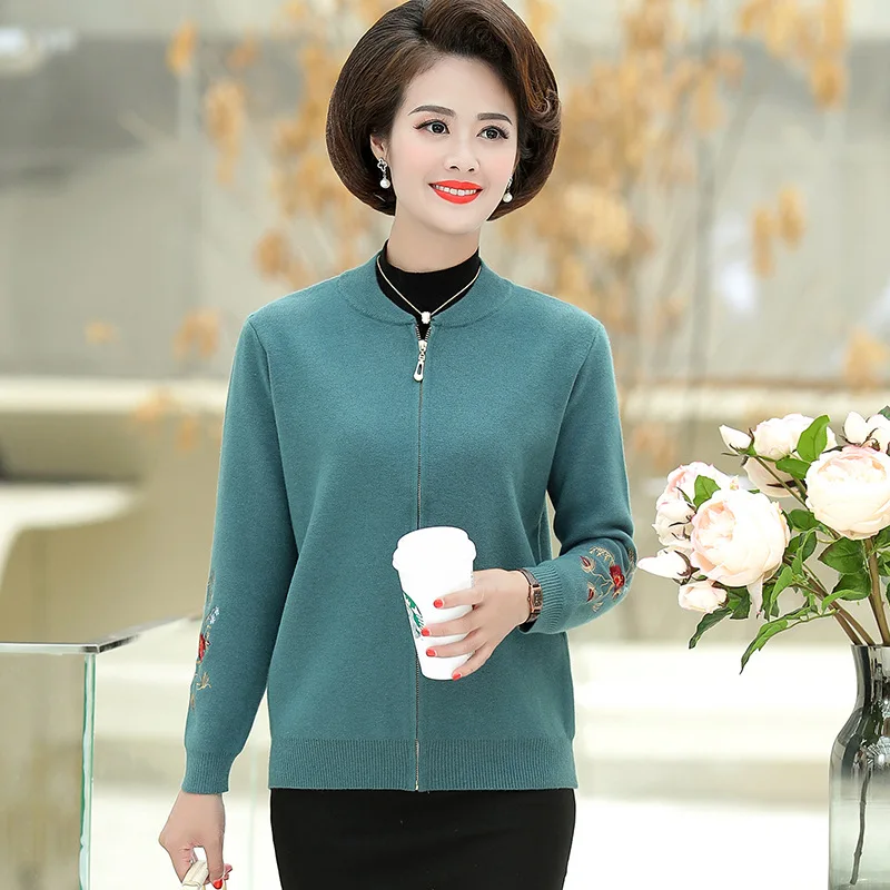 

Middle-aged Women Dress Autumn New Style Embroidery Sweater Versatile Fashion 40-Year-Old 50 Middle-aged WOMEN'S Apparels Long-s