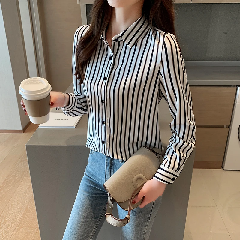 

Autumn Korean Fashion Chiffon Women Blouses Striped Turn-down Collar Womens Tops and Blouses Plus Size XXL White Women Shirts