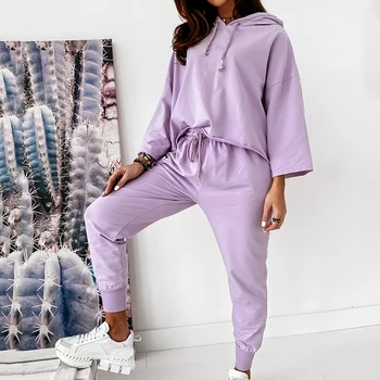 

Solid color casual women's suit Fashion lace drop shoulder sleeve hooded suit Home style sports suit autumn 2020 new