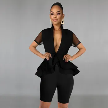 

2 Piece Women Sets Girl Summer Tracksuits V-Neck Ruffles T-Shirt+Shorts Suit Two Piece Set Night Club Party Outfits Street 2020