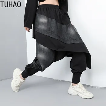 

TUHAO Autumn Joggers Woman Patchwork Denim Harem Pants Personality Streetwear Fake Two Piece Casual Long Trousers T196030